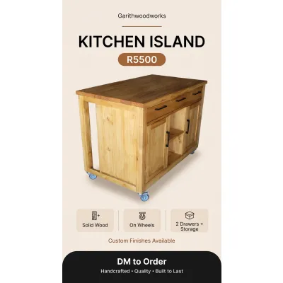 Mobile kitchen island with wheels, doors, and drawers